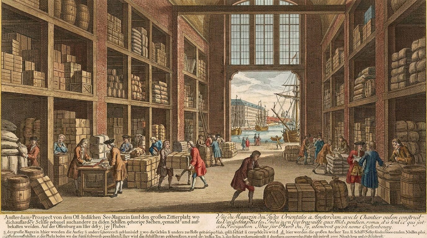 Amsterdam mercantile warehouse — period engraving