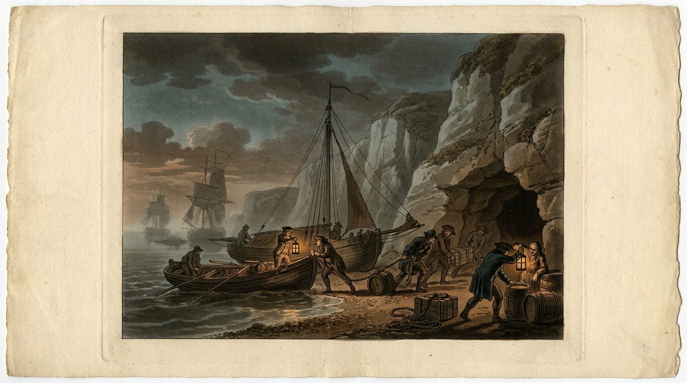 Channel-coast smuggling scene at dusk — period aquatint