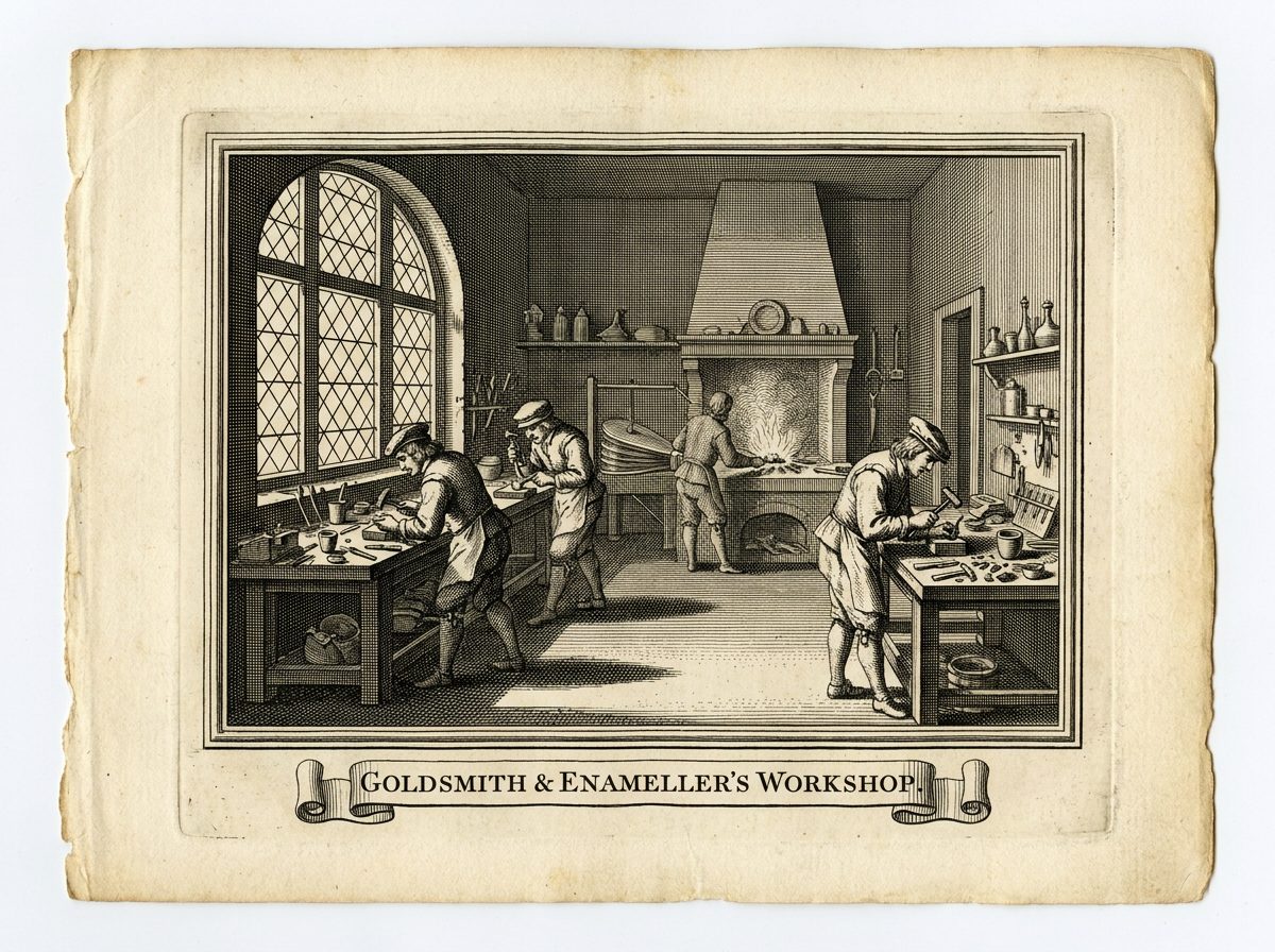 Huguenot goldsmith workshop — period engraving