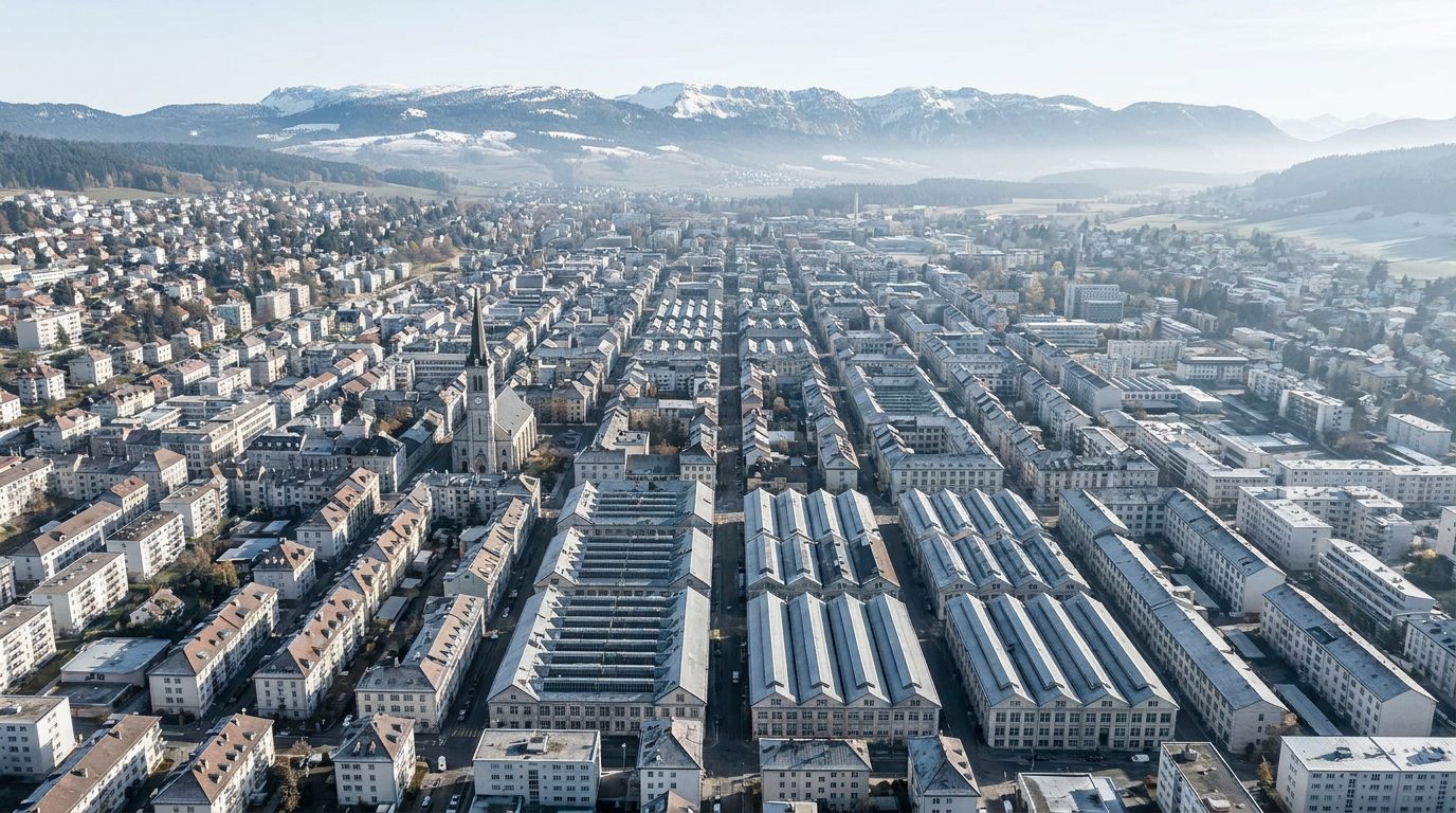 Aerial view of La Chaux-de-Fonds, Swiss Jura watchmaking city