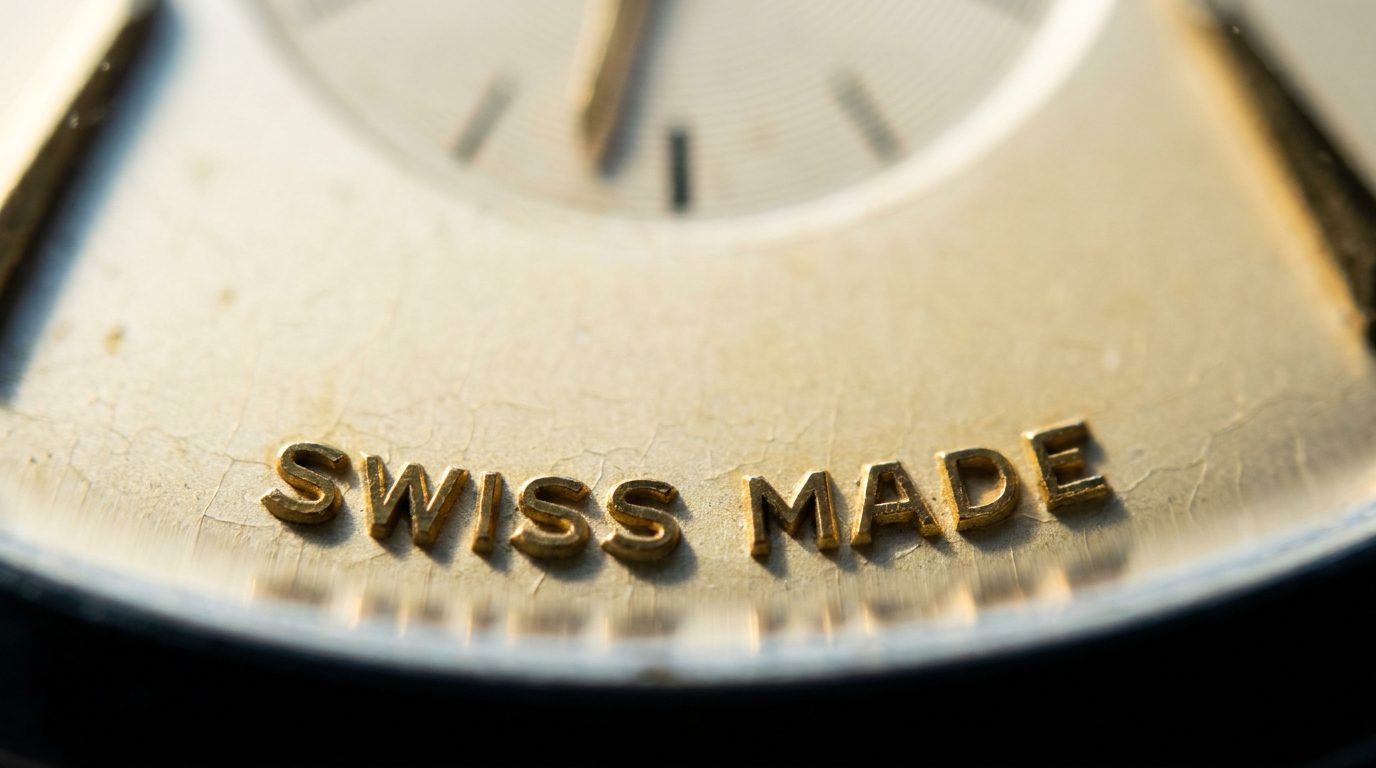 Vintage Swiss dial macro showing applied gilt “Swiss Made”